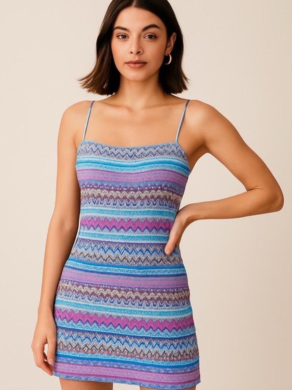 TCEC Woven Pattern Mini Dress Blue Purple Pink Zigzag CD02593 Size L